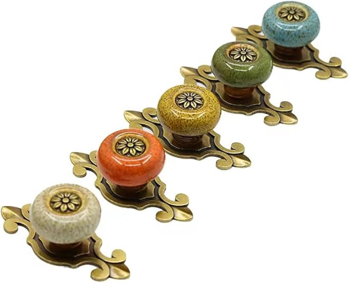 5 Pack Retro Ceramic Knobs,Vintage Dresser Kitchen Petal Cabinet Pulls Rustic Zinc Alloy Base Back Plate Kid Cupboard Wardrobe Drawer Door Handles (Leopard Print Yellow)