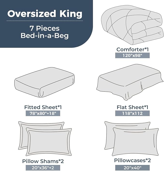 HEVUMYI 120x98 Oversized King Comforter Set Dark Grey- 7-Piece All Season Bed in a Bag Oversized King, Soft Bedding Set with Comforter, Flat Sheet, Deep Pocket Fitted Sheet, Pillowcases, Pillow Shams