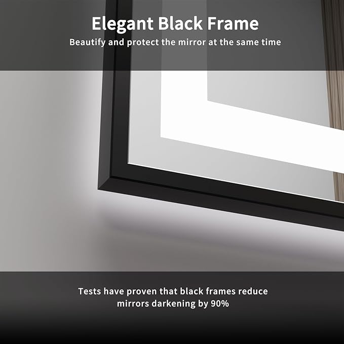 LED Bathroom Mirror, 28x32 Inch Black Framed Gradient Front and Backlit LED Vanity Mirror, 3 Colors Dimmable CRI>90, IP54 Enhanced Anti-Fog Wall Mounted Lighted Bathroom Mirror
