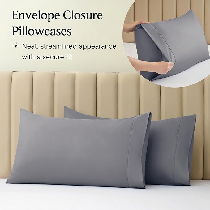 LuxClub 4 PC California King Size Sheet Set Deep Pockets Wrinkle Free Cooling Sheets Machine Washable Hotel Bedding Silky Soft - Light Grey California King