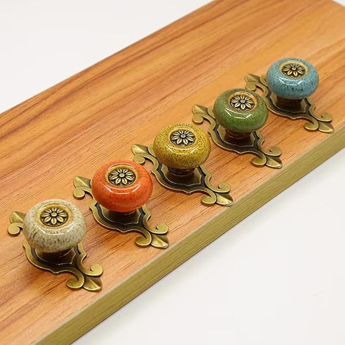 5 Pack Retro Ceramic Knobs,Vintage Dresser Kitchen Petal Cabinet Pulls Rustic Zinc Alloy Base Back Plate Kid Cupboard Wardrobe Drawer Door Handles (Leopard Print Orange)