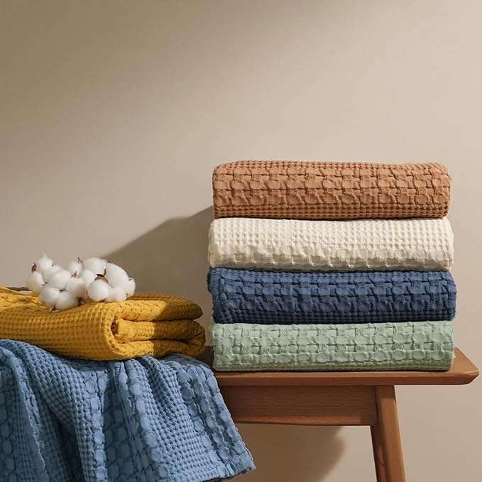 PHF 100% Cotton Waffle Weave Blanket Twin Size for Bed, Soft Lightweight & Breathable, All-Season Comfort, Luxury Aesthetic Woven Bedding for Home Decor, 66"x90", Oatmeal