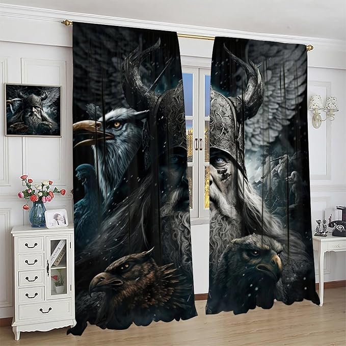 Fantasy Norse Viking Curtains,Cool Gothic Vintage Vikings Mystical Symbol Eagle Window Treatments Thermal Insulated Rod Pocket Blackout Drapes for Bedroom 2 Panels 84L x 42W