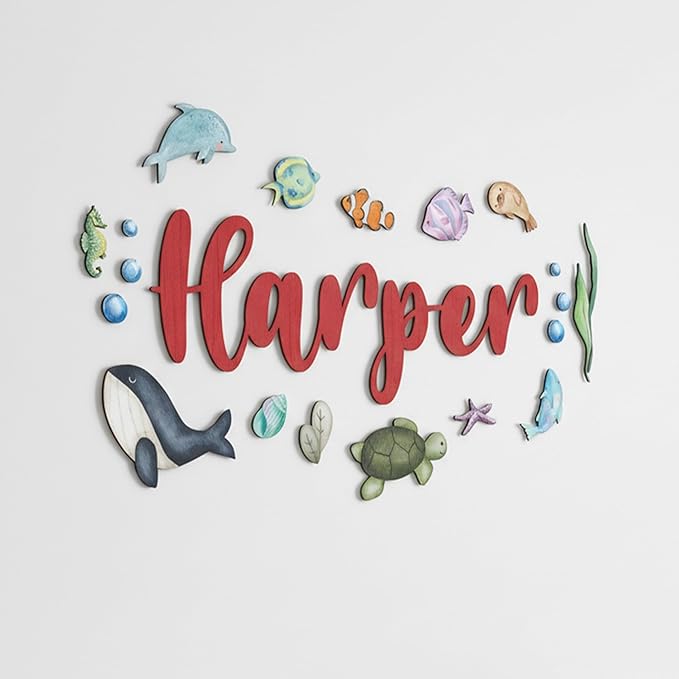 Custom Nursery Name Sign with Themed Decor Kit | Personalized Wooden Wall Art for Baby, Kids Room | Space, Jungle, Circus, Under the Sea, Woodland, Rainbow (60", Under the Sea)