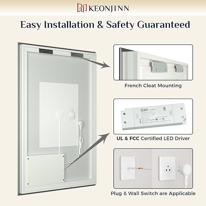 Keonjinn 24 x 36 Inch Backlit Mirror for Bathroom, Anti-Fog Led Mirror, CRI90+ HD Tempered Glass, Stepless Dimmable Lighted Mirror, High Lumen, UL Listed, Waterproof, Horizontal/Vertical