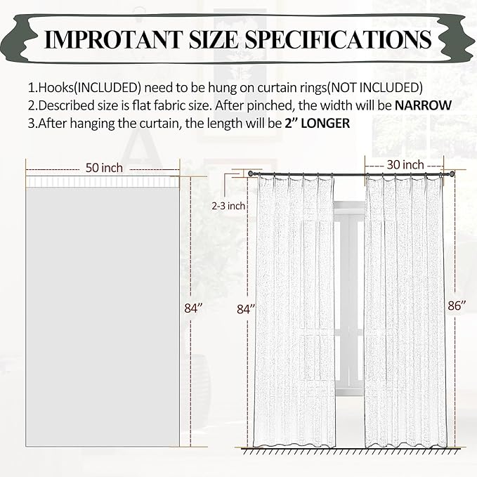 Black Curtains Semi Sheer 84 Inches Long, Linen Textured Light Filtering Drapes for Living Room Bedroom, Dark Moody Modern Farmhouse Window Decor, Pinch Pleat Curtain with Hooks