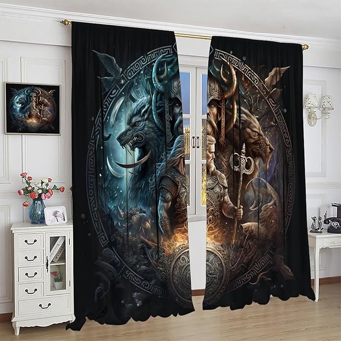 Cool Norse Viking Theme Curtains - Fantasy Ancient Symbols Wildlife Wolf Nordic Vikings Thermal Insulated Blackout Curtains - Rod Pocket Window Treatment Drapes for Bedroom 2 Panels 72L x 31.5W