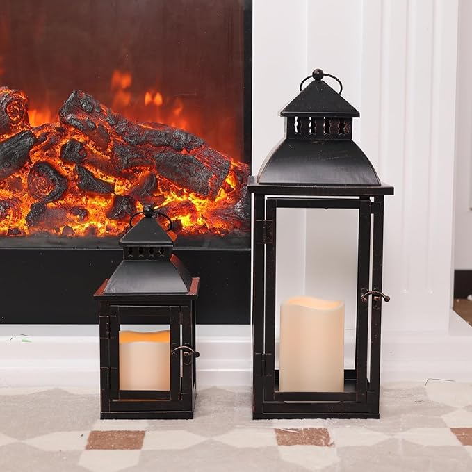 DECORKEY LED Lanterns Decorative Outdoor&Indoor, Set of 2 (17āā&11āā) Large Black Metal Lantern Decor with bronze brush, Candle Holder for Porch, Patio, Garden, Balcony, Wedding Decorations (No Glass)