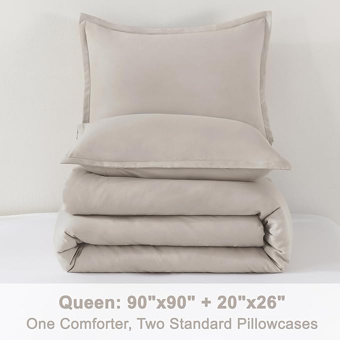 Litanika Linen Grey Comforter Set Queen Size, 3 Pieces Lightweight Solid Bedding Comforter Set, All Season Fluffy Bed Set (90x90In Comforter & 2 Pillowcases)
