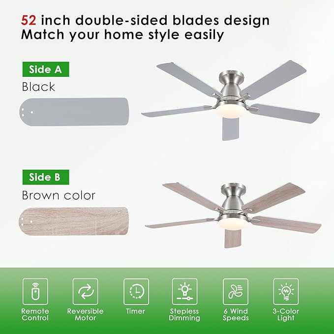 Ceiling Fans with Lights, 52" Flush Mount Ceiling Fan with Light and Remote/APP Control, Low Profile, Modern Ceiling Fan Reversible, Dimmable, Noiseless, Ceiling Fan for Bedroom,Brushed Nickel