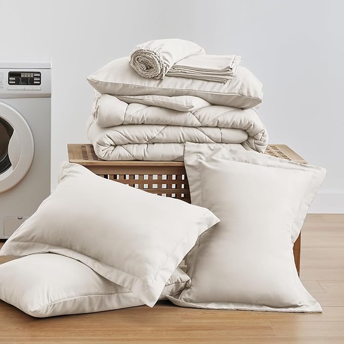 Love's cabin King Size Comforter Set Off White, 7 Pieces King Bed in a Bag, All Season Bedding Sets with 1 Comforter, 1 Flat Sheet, 1 Fitted Sheet, 2 Pillowcase and 2 Pillow Sham