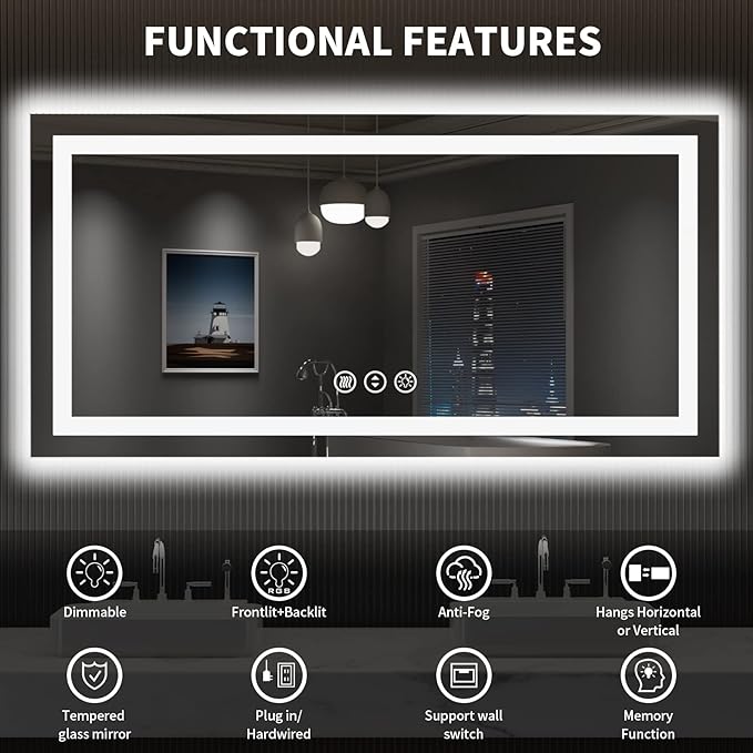 LOAAO 55X30 LED Bathroom Mirror with Lights, Anti-Fog, Dimmable, Backlit + Front Lit, Lighted Bathroom Vanity Mirror for Wall, Shatter-Proof, Memory Function, ETL Listed