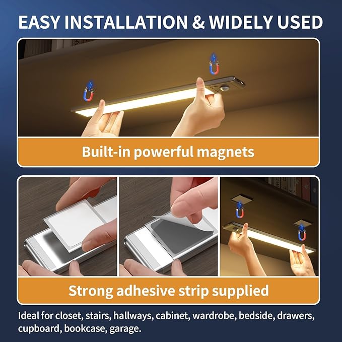 Under Cabinet Lights,88 LED Operated Motion Sensor Light Indoor,2200mAh USB Rechargeable Closet Lights, 2 Pack Magnetic Dimmable Closet Lights,Wireless Under Counter Lights for Kitchen, Stairs