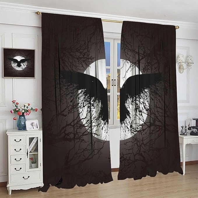 Cool Raven Print Curtains for Bedroom - Vintage Nordic Viking Theme Dead Tree Crow Full Moon Window Drapes,Energy Saving Thermal Insulated Rod Pocket Bedroom Blackout Curtains 2 Panels 54L x 21W