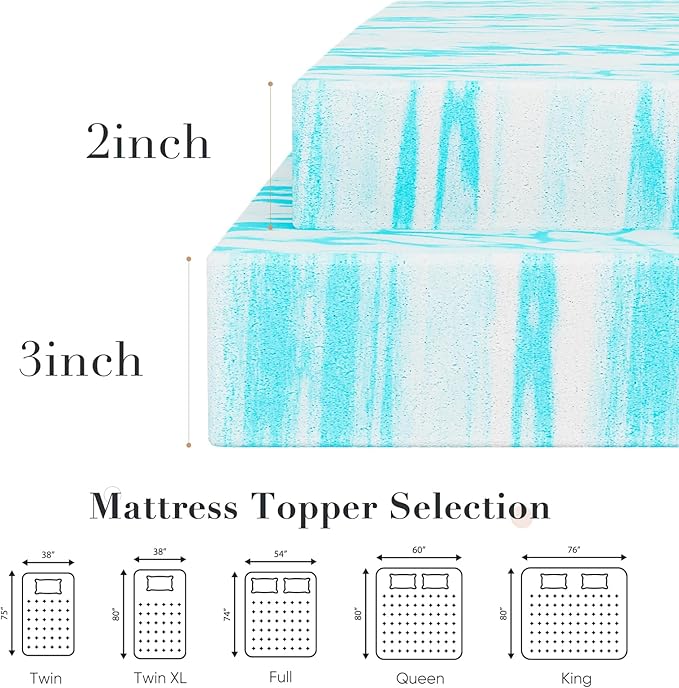 Memory Foam Mattress Topper Queen, 2 Inch Thick Gel Infused Bed Toppers for Queen Size Bed, Soft Mattress Pads for Sleeper Sofa, RV, Camper, CertiPUR-US Certified, Blue