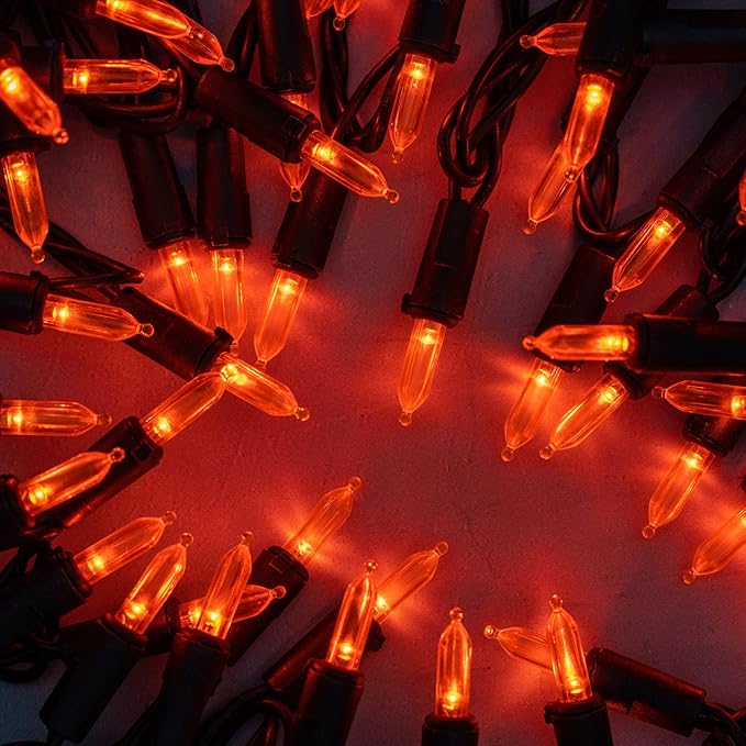 YULETIME Orange String Lights with Black Wire, 66 ft 200 Count UL Certified Christmas Light, Pack of 2 Sets 33 ft 100 Light Set for Halloween Fall Holidays (Orange)