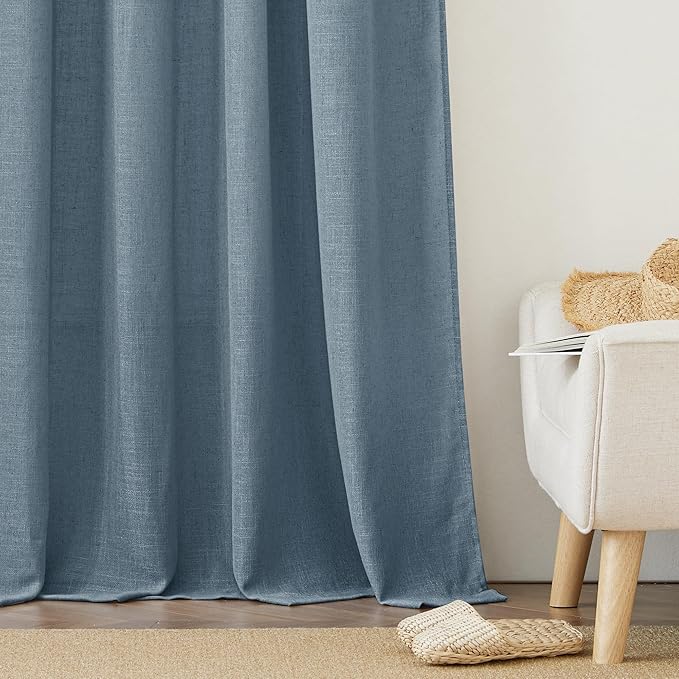 RYB HOME Linen Sheer Curtains 102 inches Long for Living Room Bedroom, Vertical Boho Rustic Home Decor Privacy Semi Sheer for Kids Room, W 52 x L 102 inches, Stone Blue, 2 Panels Set