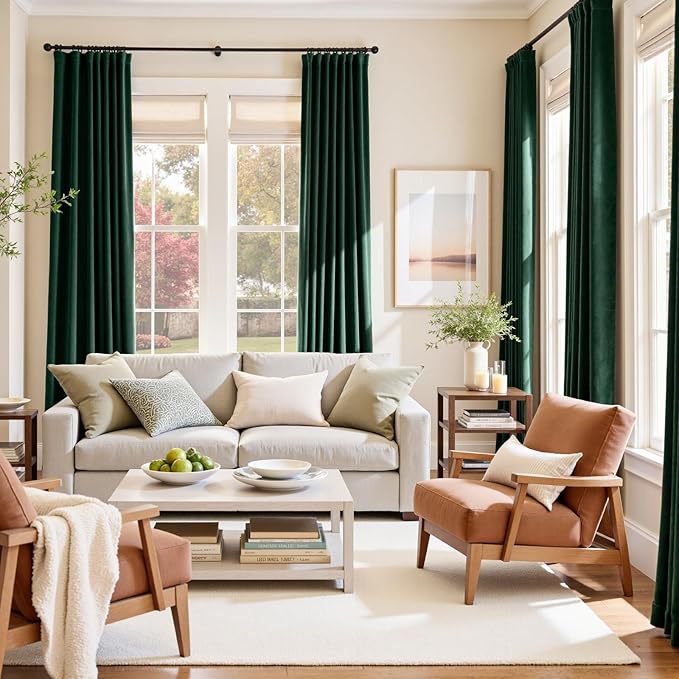 Lazzzy Velvet Blackout Curtains Thermal Insulated Room Window Drapes Super Soft Luxury Curtains for Living Room Bedroom Rod Pocket 2 Panels, Emerald Green, 42" W x 90" L