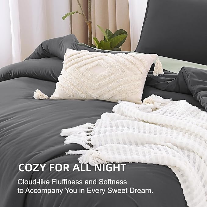 Litanika Comforter Set Dark Grey Oversized King Size, 3 Pieces Lightweight Solid Bedding Comforter Set, All Season Fluffy Bed Set (120x98In Comforter & 2 Pillowcases)
