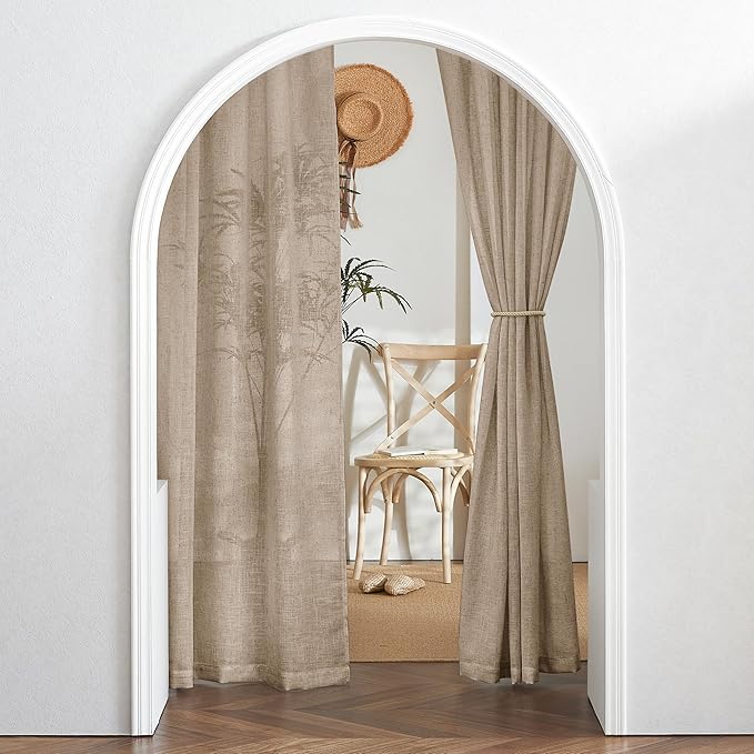 RYB HOME Natural Linen Curtains 102 inches Long, Light Filtering Privacy Protection 2 Panels Set Semi Sheer Home Decor for Sliding Glass Door Bedroom Doorway, W 52 x L 102 inches, Khaki