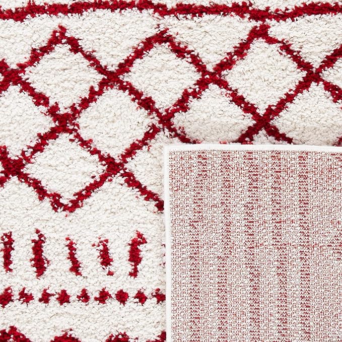 SAFAVIEH Arizona Shag Collection Area Rug - 6'7" Square, Ivory & Red, Moroccan Design, Non-Shedding & Easy Care, 1.6-inch Thick Ideal for High Traffic Areas in Living Room, Bedroom (ASG741P)