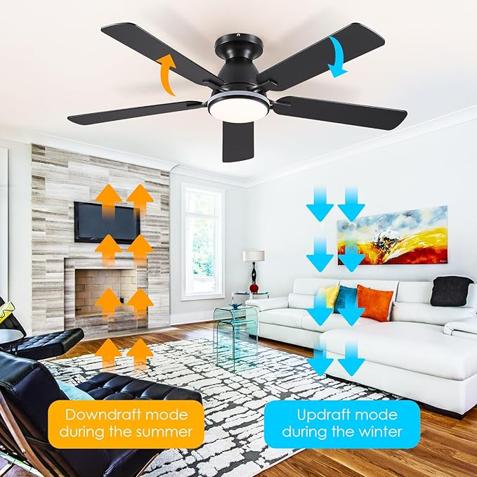 Ceiling Fans with Lights- 52" RGB Low Profile Indoor Ceiling Fan with Light and Remote/APP Control, Flush Mount, LED Dimmable DC Reversible Modern Ceiling Fan for Bedroom(Black)