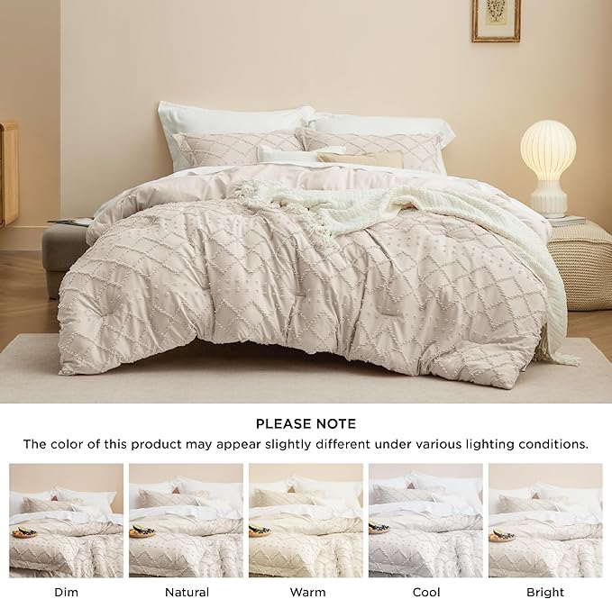 Bedsure Full Comforter Set - Beige Comforter, Boho Tufted Shabby Chic Bedding for Kids, 3 Pieces Vintage Farmhouse Bed Set for All Seasons, Fluffy Soft Bedding with 2 Pillow Shams