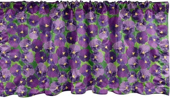 Ambesonne Botanical Window Valance, Green Field Full of Burgeoning Pansy Inflorescence Garden Flourish Bedding Plants, Curtain Valance for Kitchen Bedroom Decor with Rod Pocket, 54" X 12", Purple