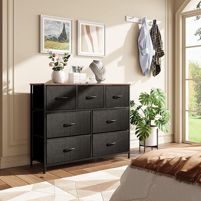 WLIVE 7 Drawer Dresser TV Stand, Entertainment Center, Media Console Table with Metal Frame and Wood Top for TV up to 45 inch, Chest of Drawers for Bedroom, Living Room, Black and Rustic Brown