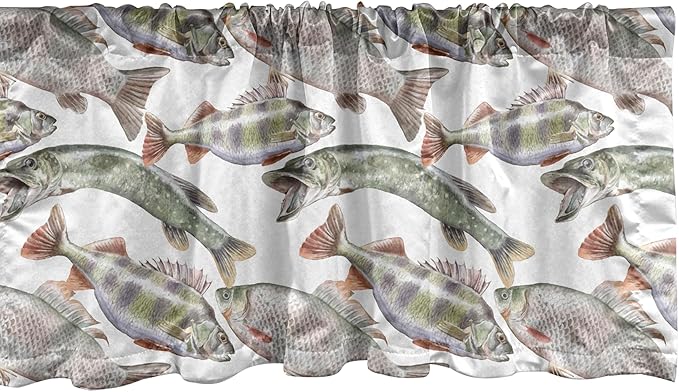 Ambesonne Fishes Window Valance, Watercolor Common Carp Perch and Bass Freshwater Animals Themed Seafood Drawing, Curtain Valance for Kitchen Bedroom Decor with Rod Pocket, 42" x 12", Pale Blue Grey