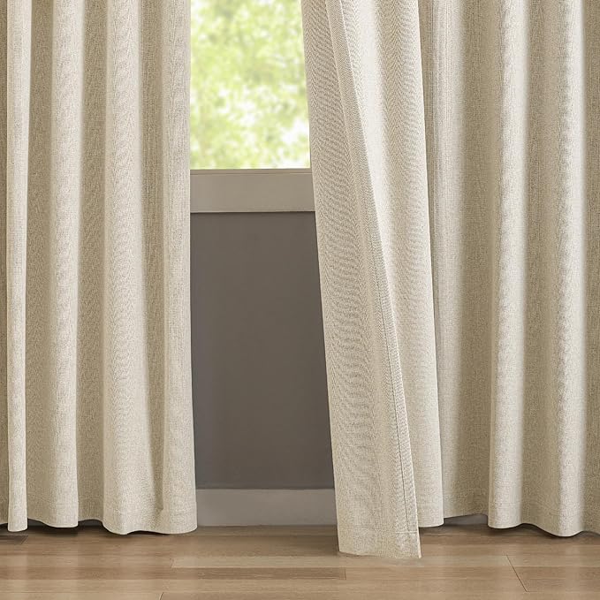 KangBang Full Blackout Pinch Pleat Linen Curtains 102 Inches Long, Pleated Linen Drapes for Living Room Dining with Hooks, Nursery Light Blocking Window Panels, 52Wx102L, Natural Beige,2 PCs