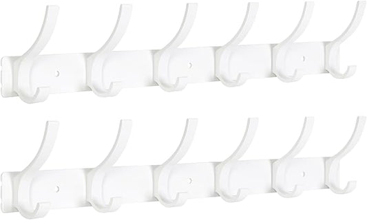 Coat Rack Wall Mount, Coat Hook Wall Mount, Wall Hooks for Hanging, Hat Rack for Walls, Coats Hanger with 12 Hook, Towel Hooks for Bathrooms (2 Pack, White)