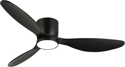 reiga 52 Inch Wood Black Modern Flush Mount Indoor Ceiling Fan with Light and Remote, 3 Propeller Blade, Quiet DC Motor for Bedroom Living Room