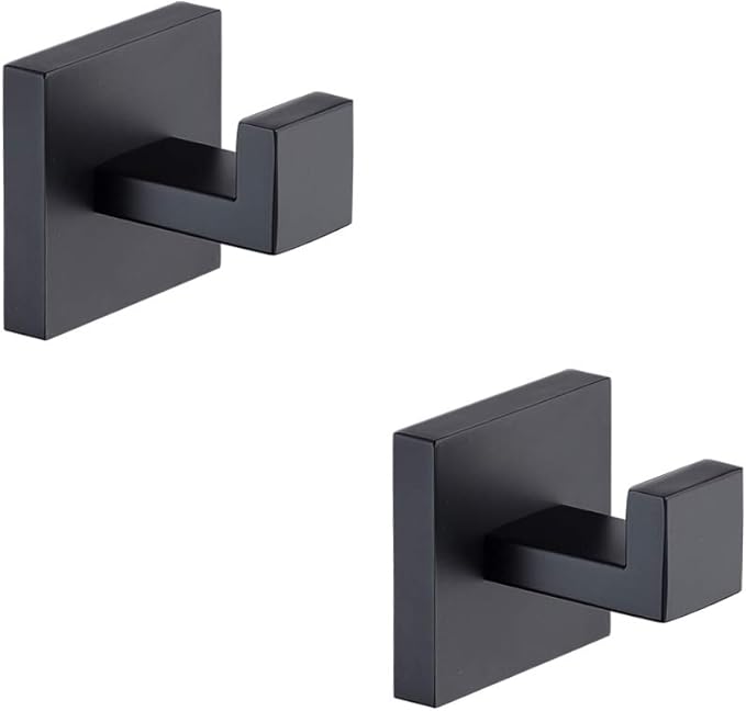 TASTOS Bath Towel Hooks Matte Black, 2 Pack Stainless Steel Robe Coat and Clothes Hook, Heavy Duty Wall Hook for Bathroom & Kitchen, Modern Square Style Wall Mounted (Black)