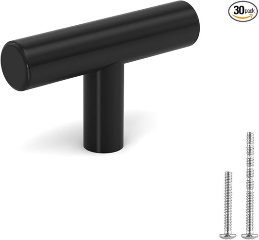 LONTAN 30 Pack Black Knobs for Cabinets and Drawers Kitchen Cabinet Knobs for Dresser Bathroom Modern T Bar Furniture Black Hardware,Stainless Steel