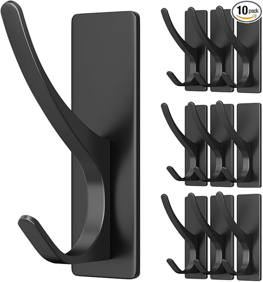 pickpiff Self Adhesive Coat Hooks for Hanging, Heavy Duty Stainless Double Wall Hook for Towel, Backpack, Hat, Sturdy Metal Hanger for Bathroom, Bedroom, Door, Wall Mounted, 10 Pack, Matt Black