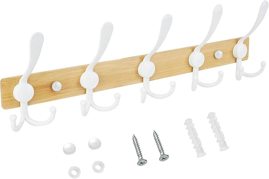 TICONN Wall Mounted Coat Rack, Five Heavy Duty Tri Hooks All Metal Construction for Jacket Coat Hat in Mudroom Entryway (Wood White, 1-Pack)