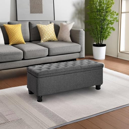 SONGMICS Storage Ottoman, Storage Bench, Tufted Entryway Bedroom Bench, 17.7 x 46.5 x 17.7 Inches, Hinges Easy Lid Operation, Wooden Legs, Linen-Look Cover, Loads 330 lb, Dark Gray ULOM070G01