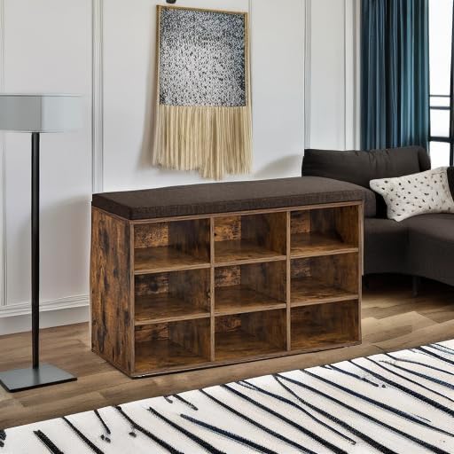 VASAGLE CUSTOS Collection - Shoe Bench, Storage Bench with Padded Seat, Entryway Bench with 9 Compartments, for Bedroom, 11.9 x 30.9 x 18.9 Inches, Rustic Brown and Chestnut Brown ULHS009B01
