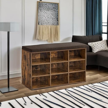 VASAGLE CUSTOS Collection - Shoe Bench, Storage Bench with Padded Seat, Entryway Bench with 9 Compartments, for Bedroom, 11.9 x 30.9 x 18.9 Inches, Rustic Brown and Chestnut Brown ULHS009B01