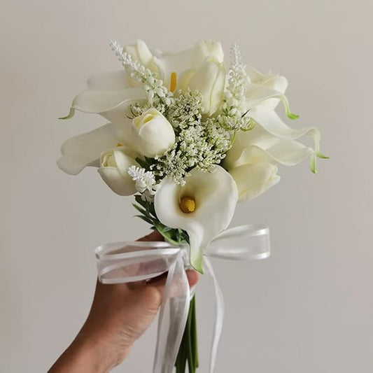 Tulips Calla Lily Artificial Flowers | Real Touch |Bridal Bouquet | Wedding Bouquet Home Décor Party (White) (White 1 Bouquet)
