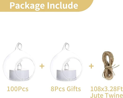 108 Pcs Mini Hanging Tealight Holder with LED Candles, 2.36in Hanging Glass Globes Candle Holder, Hanging Glass Terrarium Glass containers for Wedding Party Tree Decoration (Contains LED Candles)