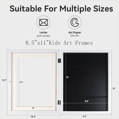 2-Pack Kids Art Frames - Changeable, 8.5x11 White Rows Picture Frame for Kids Artwork That Open,Display Children Art Projects,With Storage (White)
