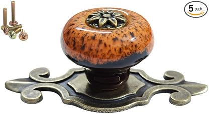 5 Pack Retro Ceramic Knobs,Vintage Dresser Kitchen Petal Cabinet Pulls Rustic Zinc Alloy Base Back Plate Kid Cupboard Wardrobe Drawer Door Handles (Leopard Print Orange)