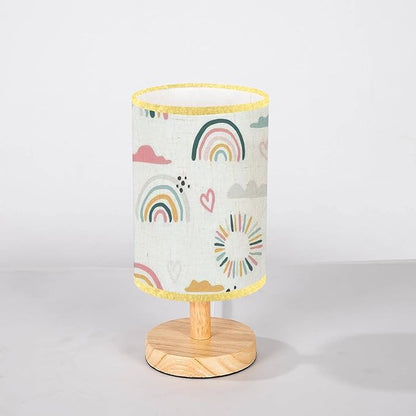 LOPYEIJFG Minimalist Bedside Table Lamp Seamless with Hand Drawn Rainbows and Sun Trendy Baby Texture for Wood Nightstand Lamp Bedside Desk Lamp Wood Base Flaxen Fabric Shade for Bedroom Living Room