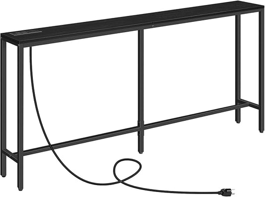 63" Console Table with Power Outlet, Narrow Sofa Industrial Entryway Behind Couch Table with USB Ports for Entryway, Hallway, Foyer, Living Room, Bedroom, Black CTHB16E01