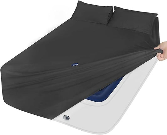 Moonsea Full Sheet Set for Extra Deep Pocket Air Mattress - Full Size Sheet Sets - Sheets with Pocket on Side - Easily Fits Extra Deep 16 in to 24 in Pillow Top Air Mattress (Black)