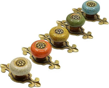 5 Pack Retro Ceramic Knobs,Vintage Dresser Kitchen Petal Cabinet Pulls Rustic Zinc Alloy Base Back Plate Kid Cupboard Wardrobe Drawer Door Handles (Leopard Print Orange)