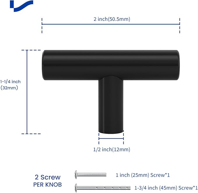 LONTAN 25 Pack Black Knobs for Cabinets and Drawers Kitchen Cabinet Knobs for Dresser Bathroom Modern T Bar Furniture Black Hardware,Stainless Steel