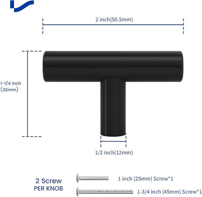 LONTAN 6 Pack Black Knobs for Cabinets and Drawers Kitchen Cabinet Knobs for Dresser Bathroom Modern T Bar Furniture Black Hardware,Stainless Steel